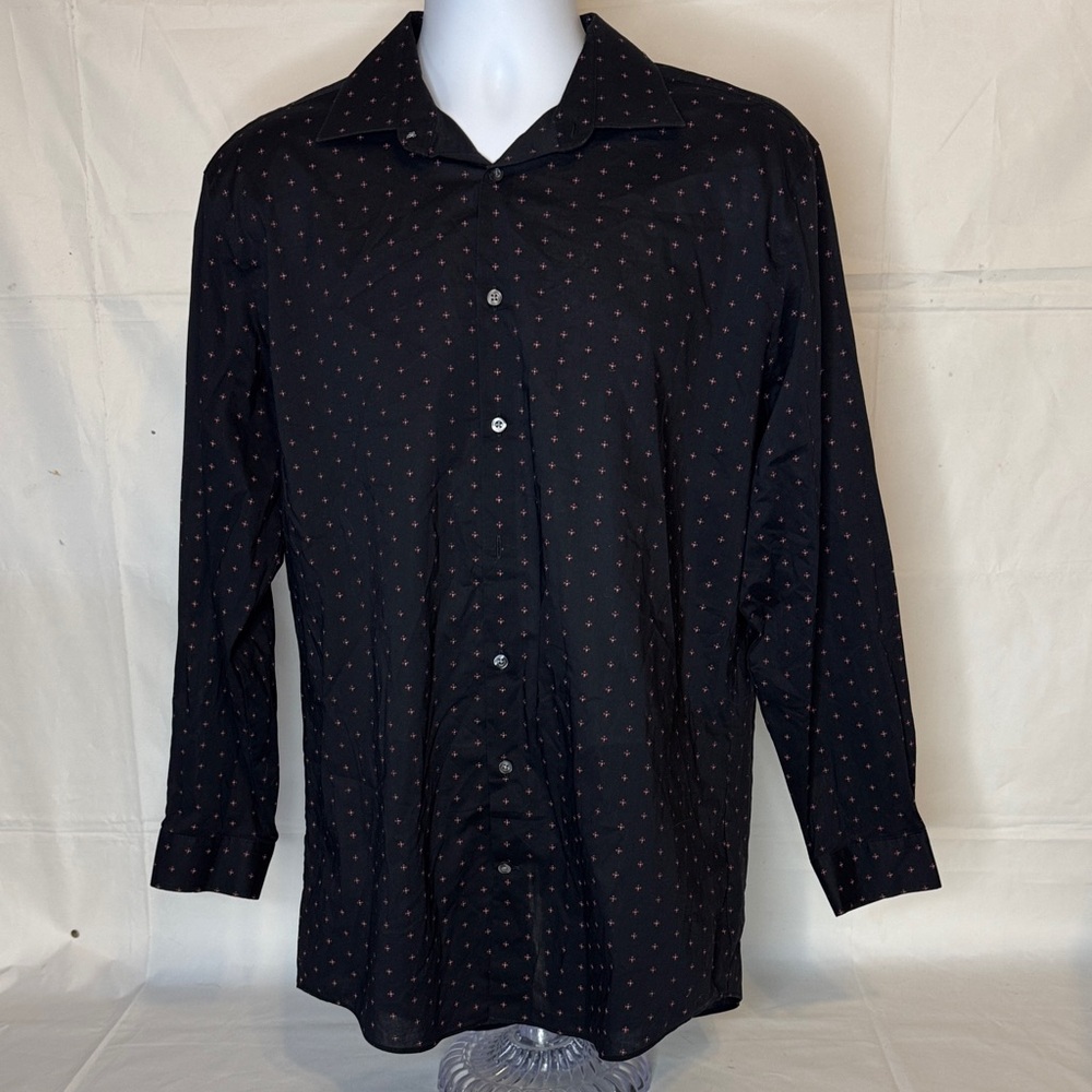 JF J.Ferrar Black Dress Shirt with Subtle Patterns Stretch Slim L 16-16 1/2